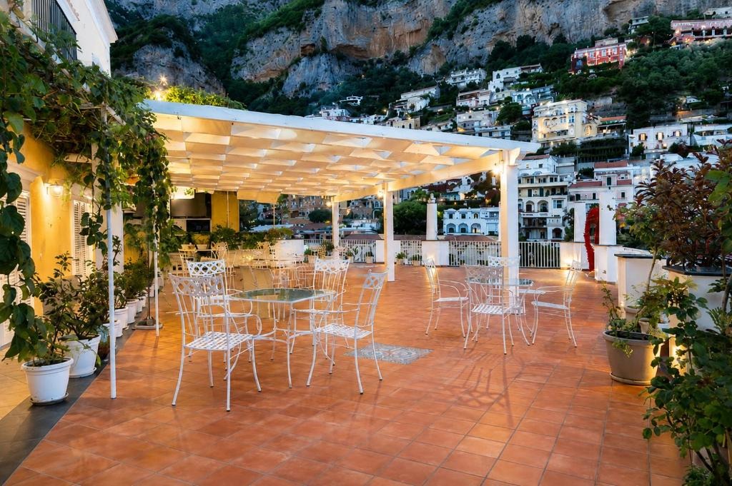 Terrace pergola at night overlooking Positano